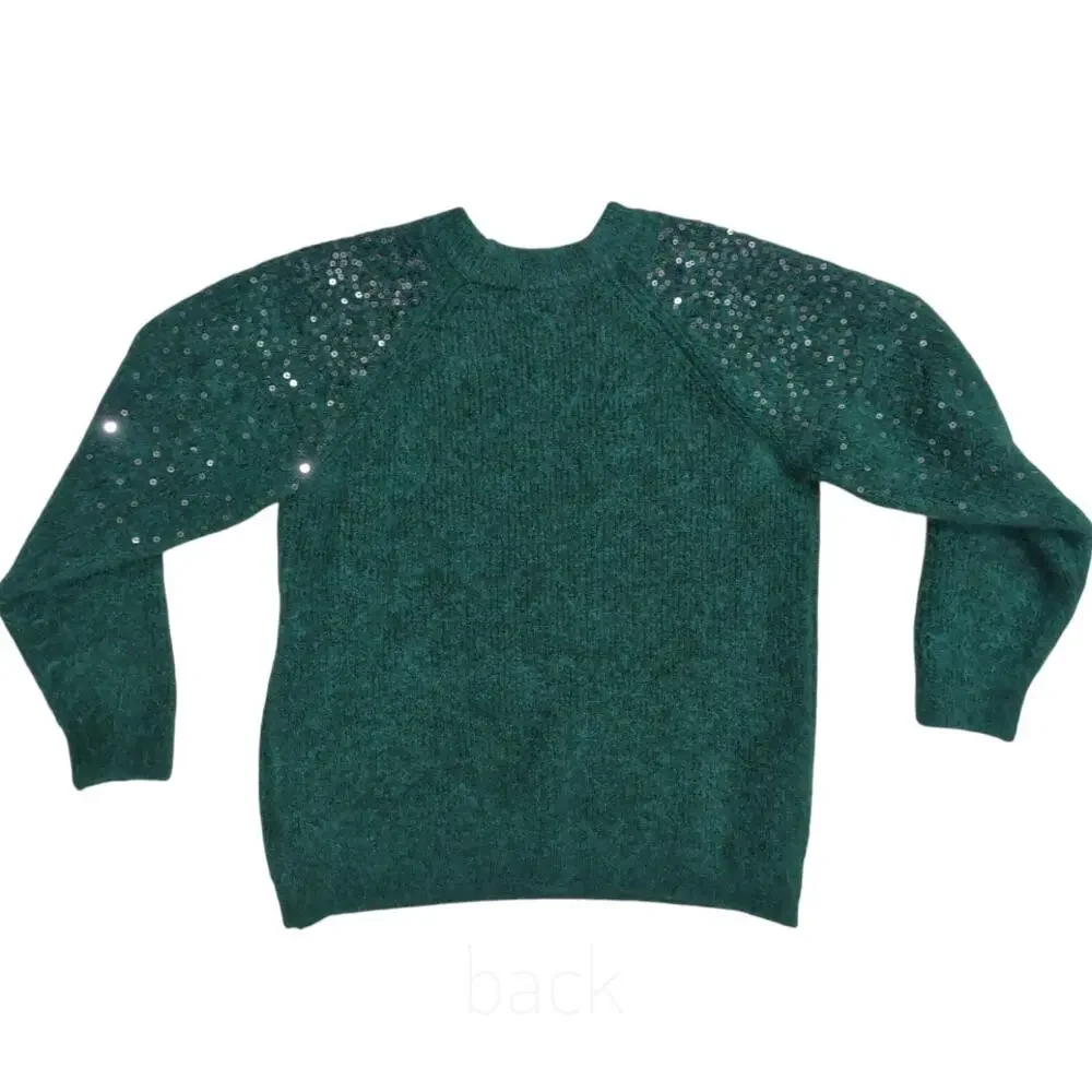 MARKS & SPENCER Green Sweater Size M Silver Sequins Crew Neck Raglan Sleeve Cozy